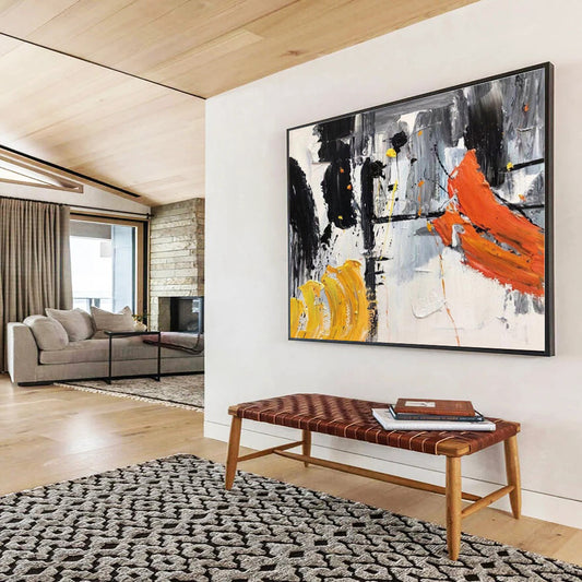Large Size Black, White, Orange and Yellow Abstract Expressionist Painting WB061