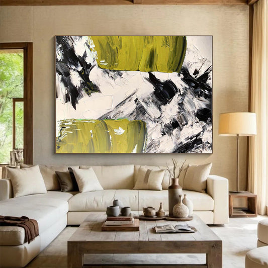 Big Painting Green, Black & White Textured Abstract Architectural Art HS395