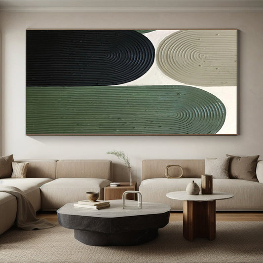 Hand-Painted Green, Black, and Beige Abstract Curved Shape Textured Painting For Sale HS030