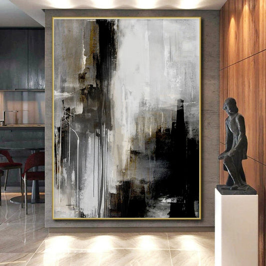 Oversized Abstract Wall Art Gray, Black, and Gold Textured Abstract Art HS708