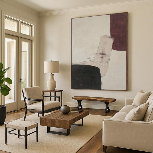 Hand-Painted Black, Beige, and Maroon Abstract Shape Painting For Sale HS025