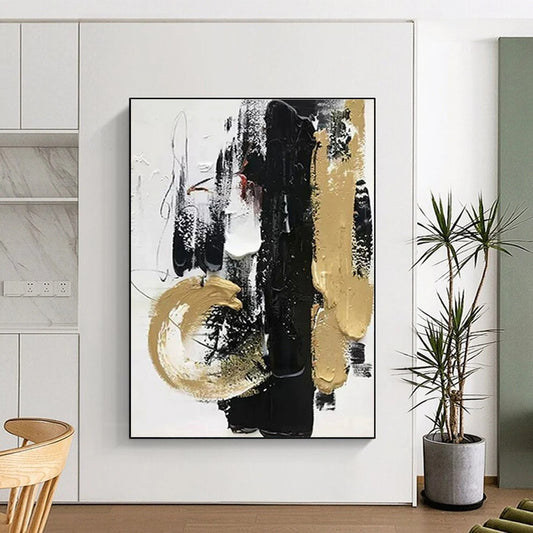 Acrylic Modern Art Paintings Black, Gold & White Textured Abstract Art HS377