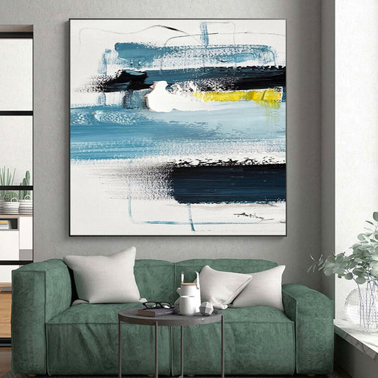 Modern Art Acrylic Blues, Black, White, and Yellow Abstract Composition HS586