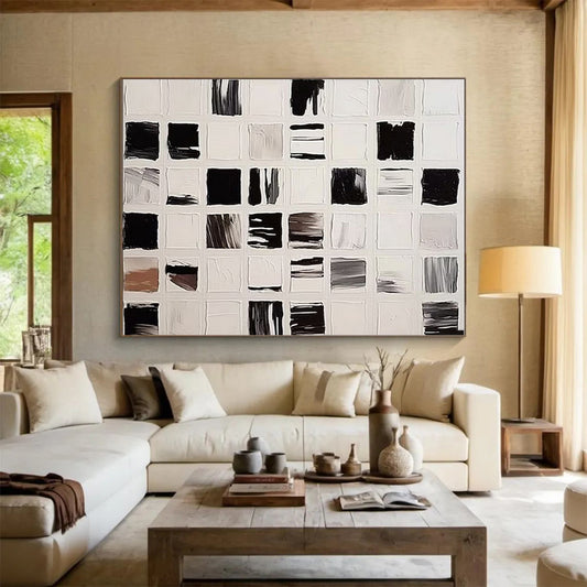 Large Size Black and White Grid Abstract Art, Cool Abstract Paintings HS555