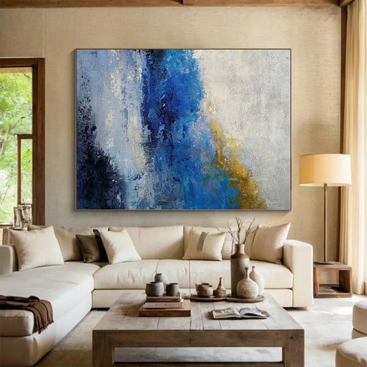 Gaint Canvas Art Blue & Yellow Textured Abstract, Oversized Abstract Wall Art HS423