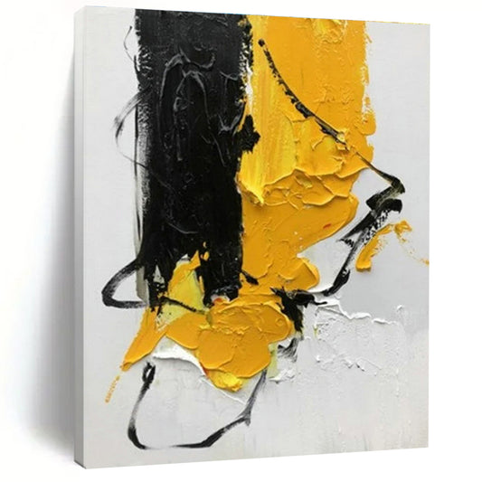 Hand-Painted Acrylic Modern Art Painting with Black, Yellow, White Textured Brushstrokes - Cool Abstract Paintings HS521