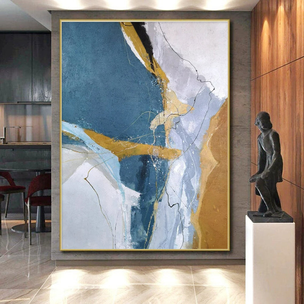 Hand Painted Art Blue, Gold, and Gray Textured Abstract Painting On Canvas HS807