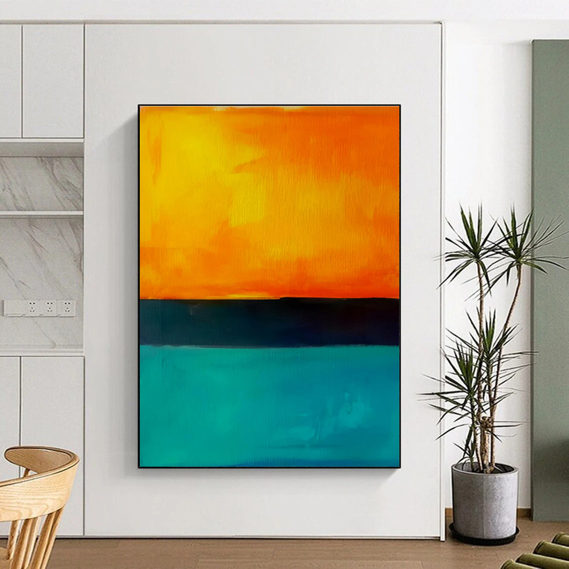 Orange, Teal, and Black Abstract Sunset Seaside Painting For Sale WS498