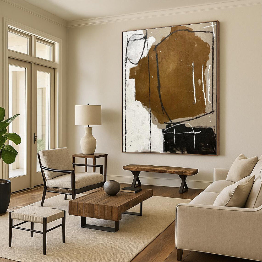 Handmade Art Brown, Black, and White Geometric Abstract Art HS694