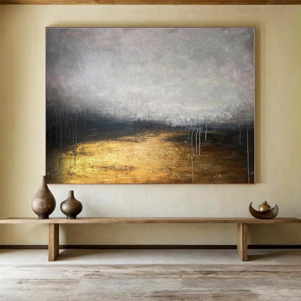 Huge Size Gray, Black and Gold Abstract Landscape Painting WB143