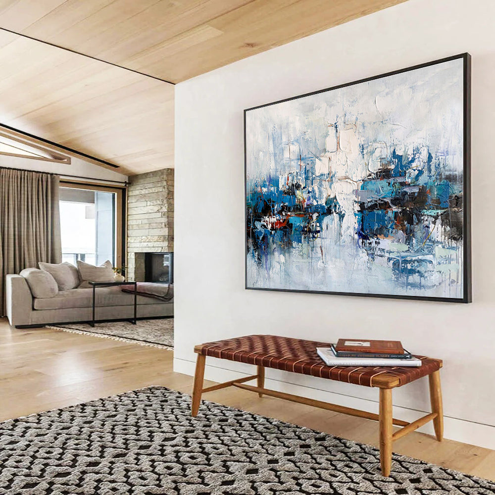 Large Size Blue and White Abstract Harbor Scene Painting WB055