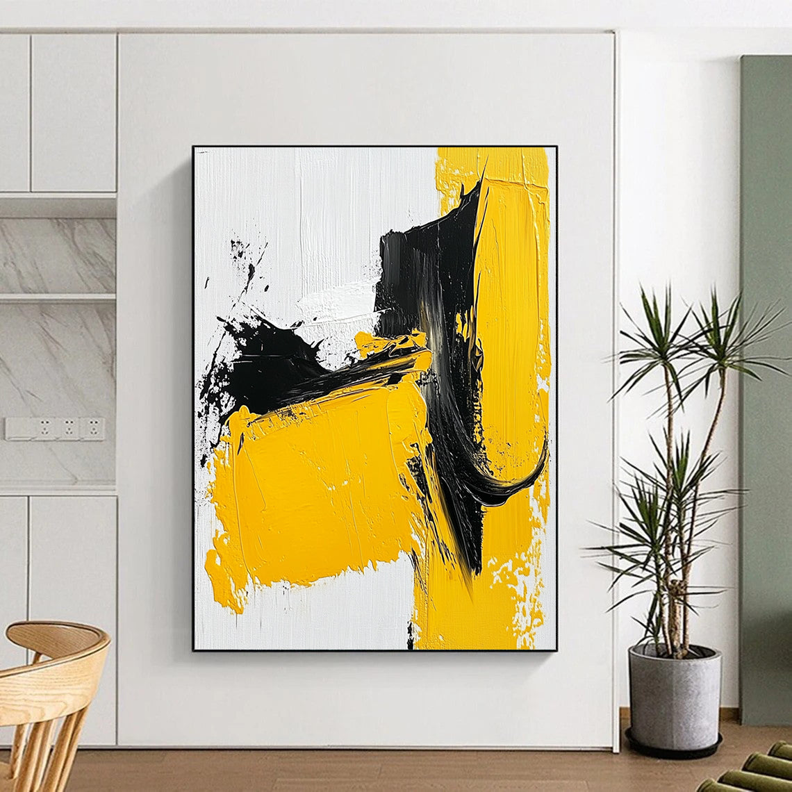 Acrylic Modern Art Paintings Yellow, Black, and White Abstract Expressive Painting For Sale HS140