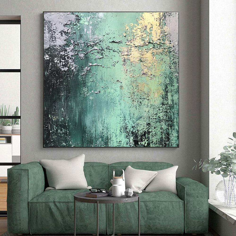 Hand Painted Art Green, Gray, and Gold Textured Abstract Art HS187