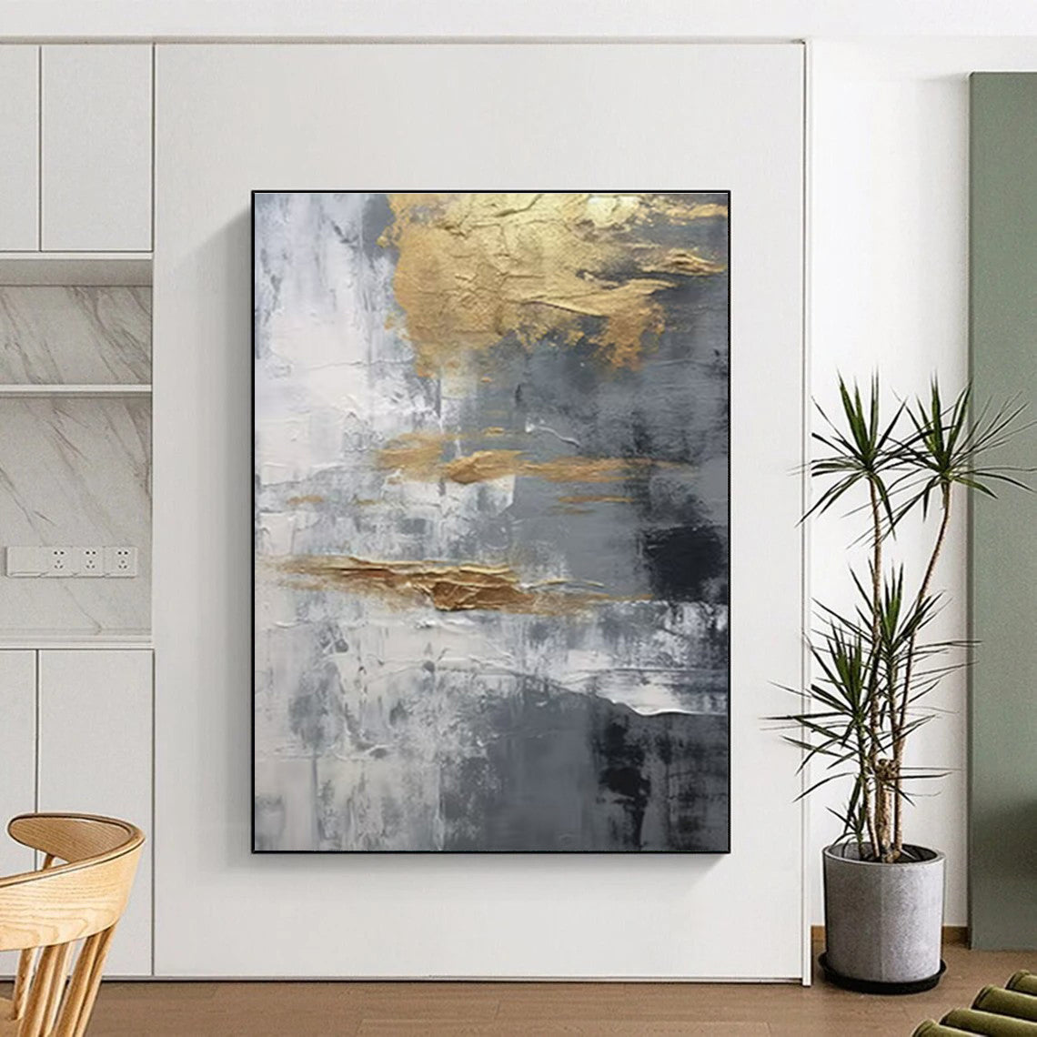 Hand Painted Art Gold, Gray, and White Textured Abstract Art HS735