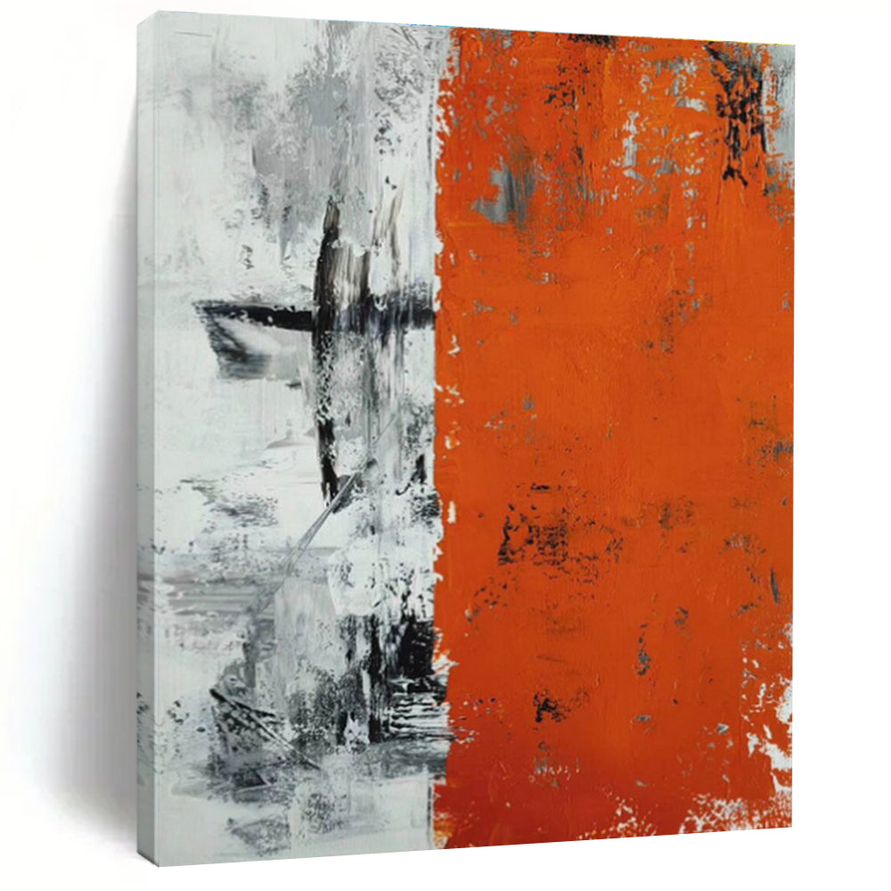 Hand Painting Orange, Black & White Textured Abstract Geometric Art HS402