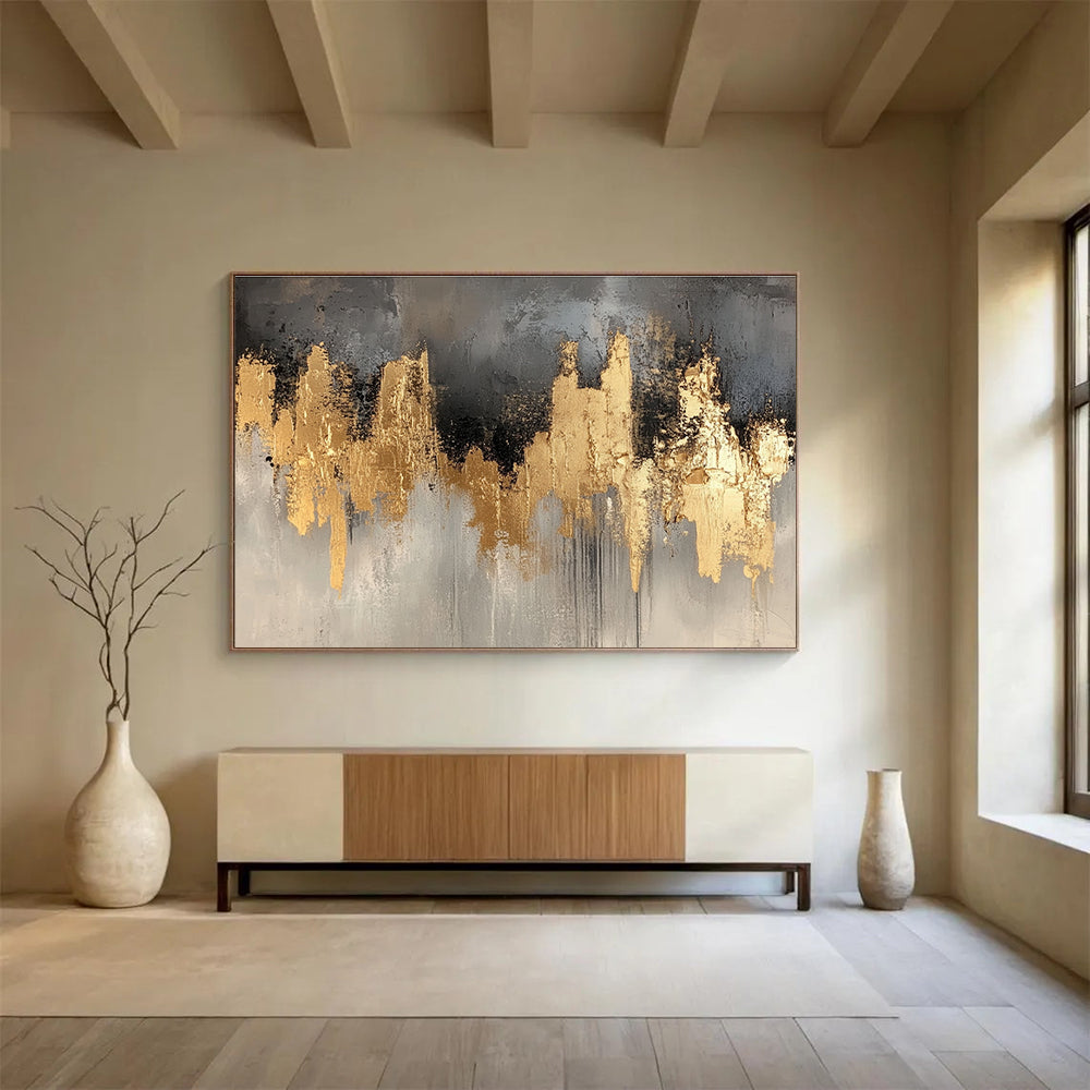Big Size Gray, Gold, and Black Abstract Cityscape - Acrylic Painting WB296