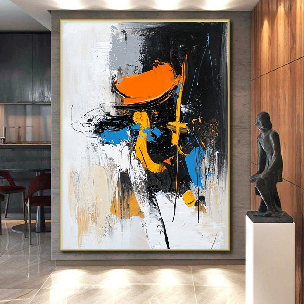 Acrylic Modern Art Paintings Black, White, Orange, and Blue Abstract Expressive Painting For Sale HS144
