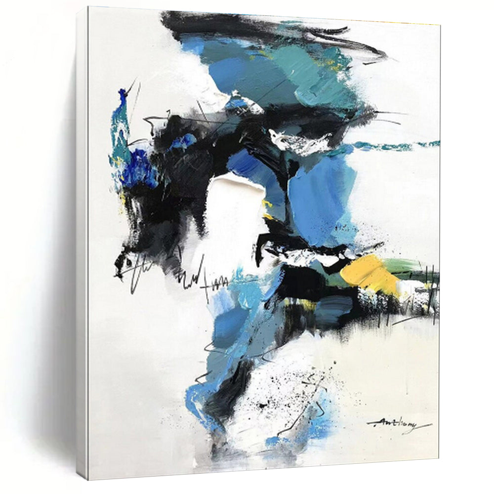 Hand Painted Art Blue, Black, and Yellow Dynamic Abstract Painting On Canvas HS791
