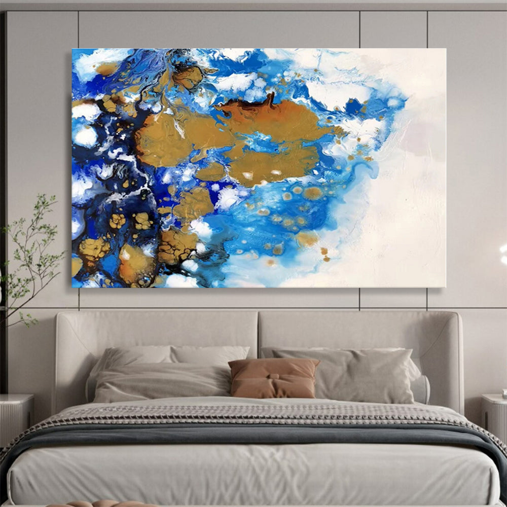 Huge Size Blue Gold and White Abstract Fluid Art Painting WB058