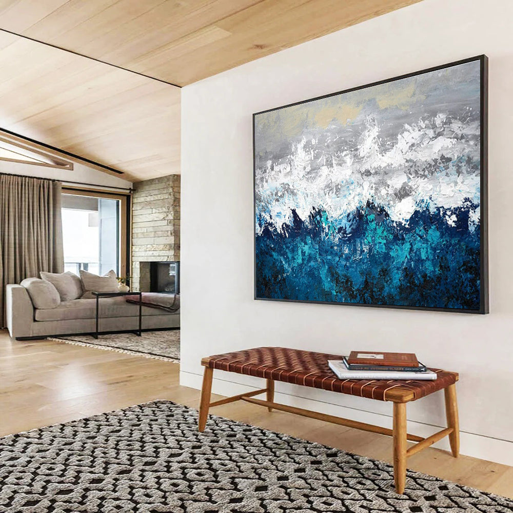 Contemporary Abstract Art: Blue Grey and White Textured Wave Abstract Painting WB370