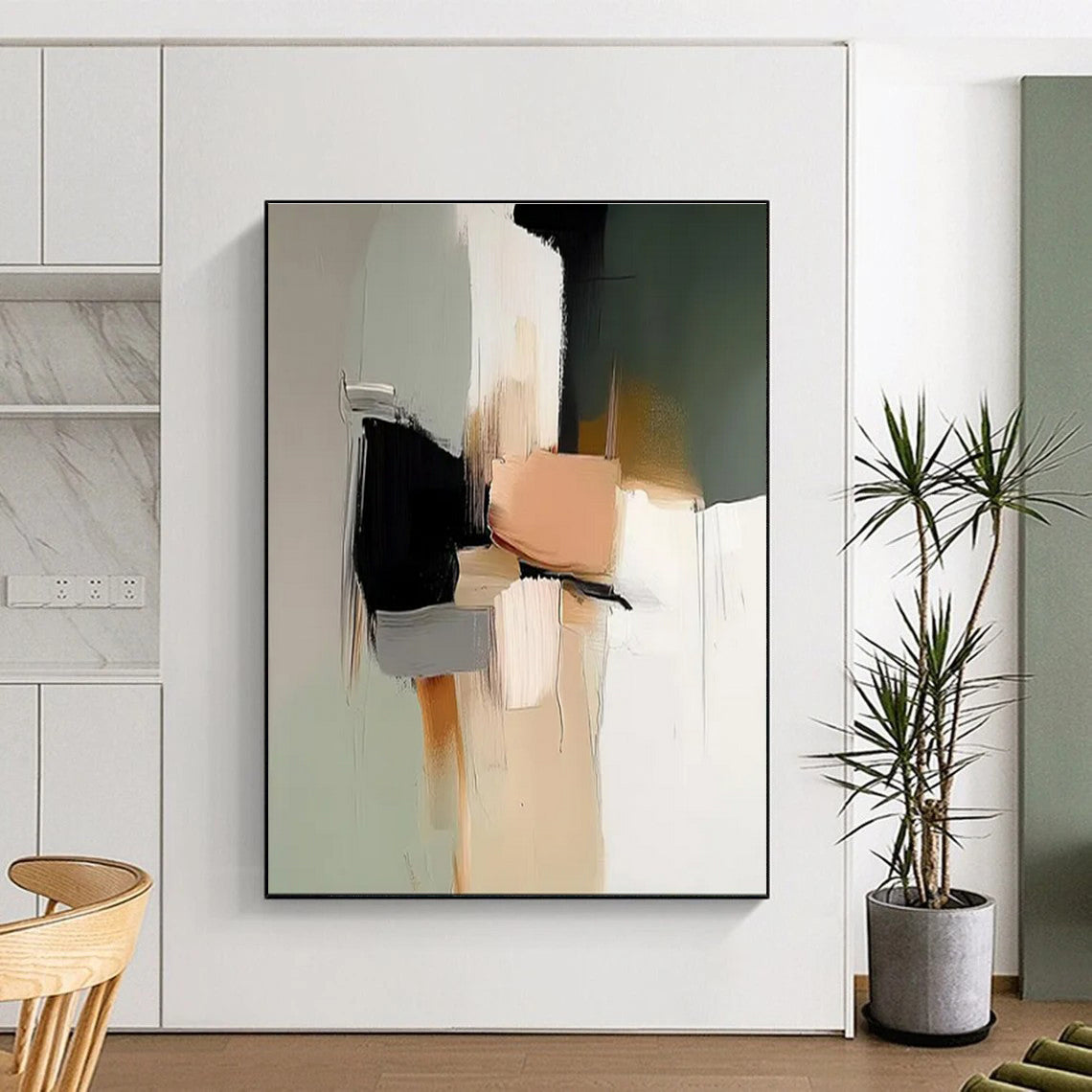 Unique Abstract Art Neutral Tones with Black and Peach Accents Abstract Art HS622