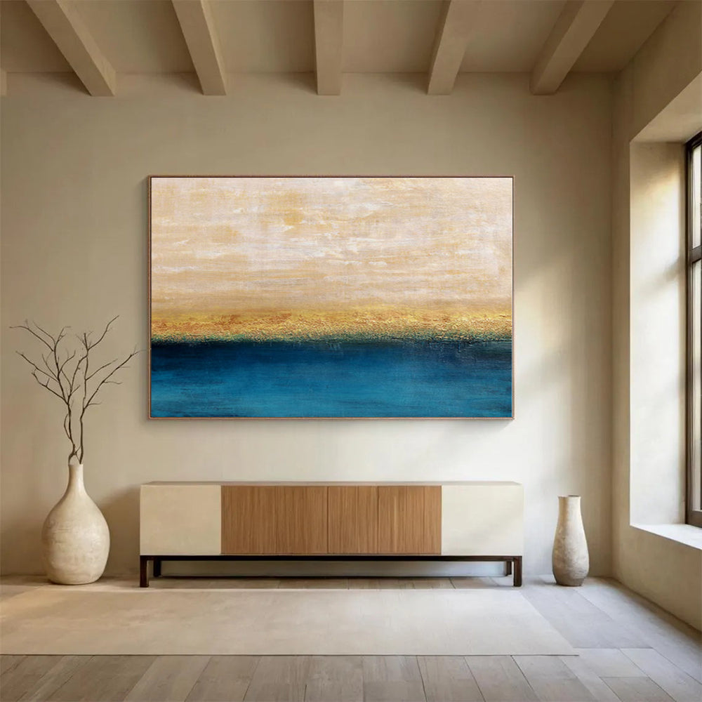 Beige, Gold, Blue Abstract Seascape Acrylic Painting WB014
