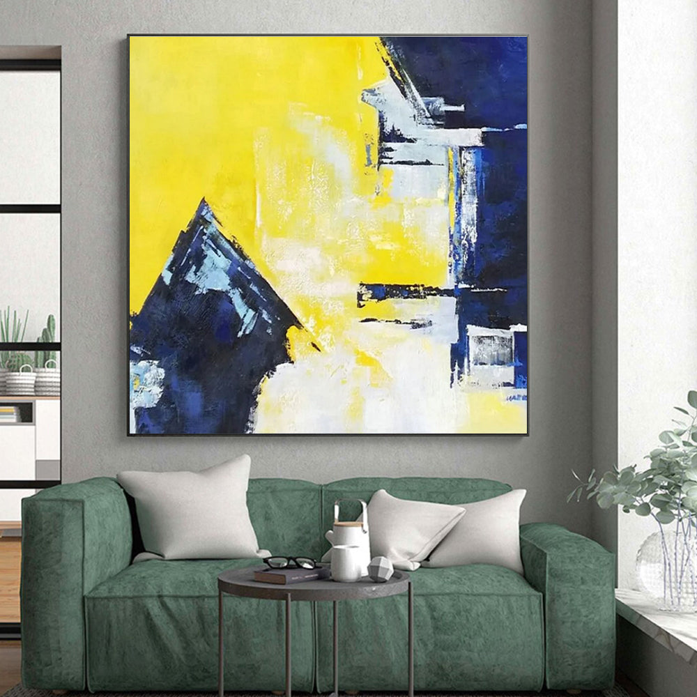 Cool Abstract Paintings Yellow, Blue, and White Geometric Abstract Painting On Canvas HS803