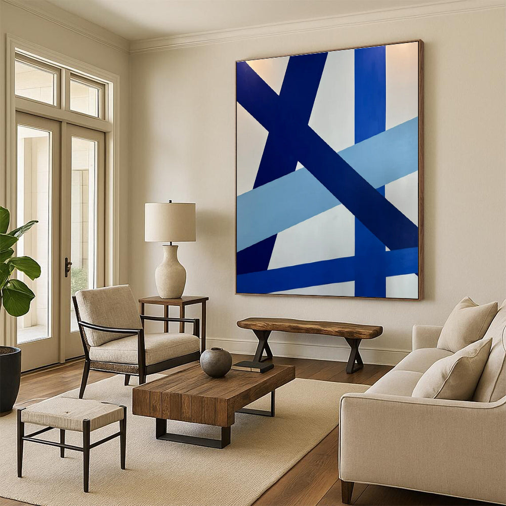 Modern Art Acrylic Blue and White Geometric Abstract Art HS642