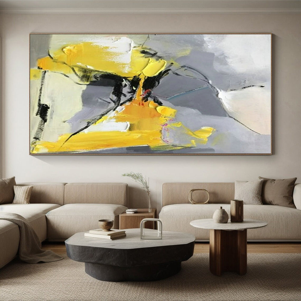 Hand-Painted Acrylic Modern Art Paintings with Yellow, Gray, Black Energetic Forms - Large Contemporary Wall Art HS526
