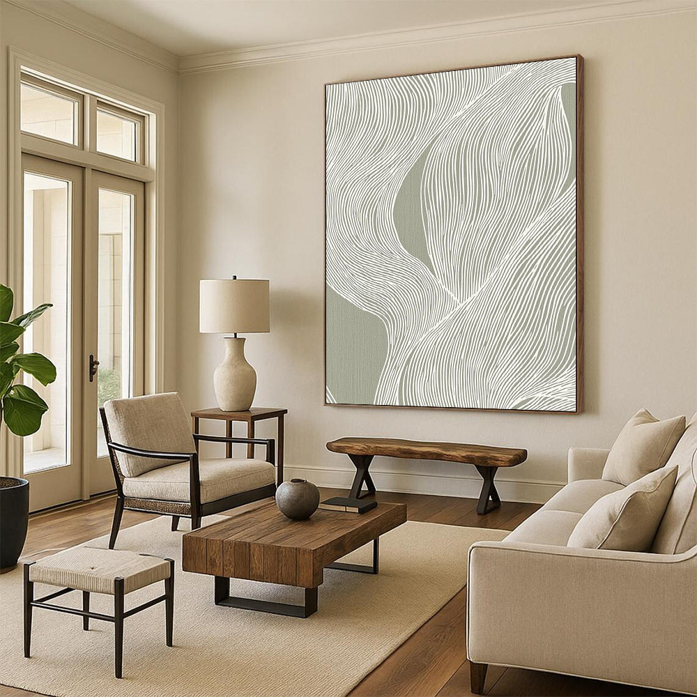 Hand Painted Art Green and White Linear Abstract Art HS192