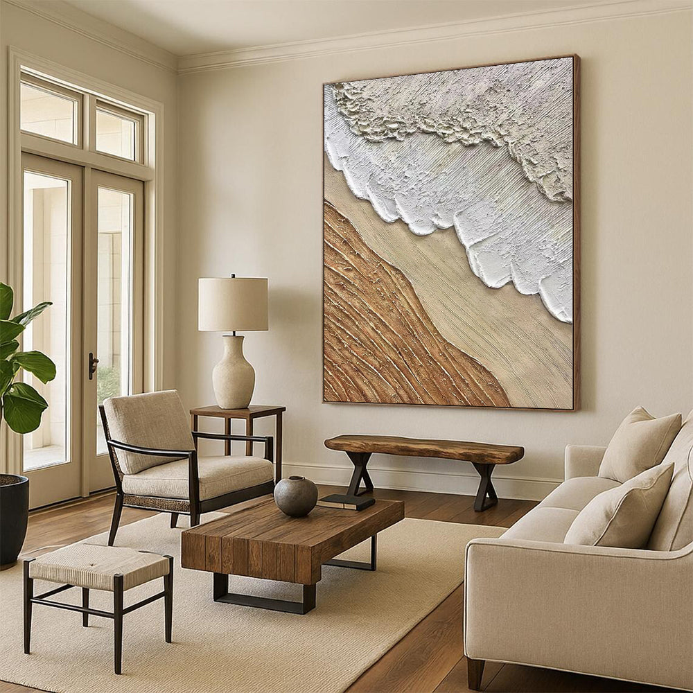 Hand-Painted Beige, Brown, and White Textured Layered Abstract Painting For Sale HS013