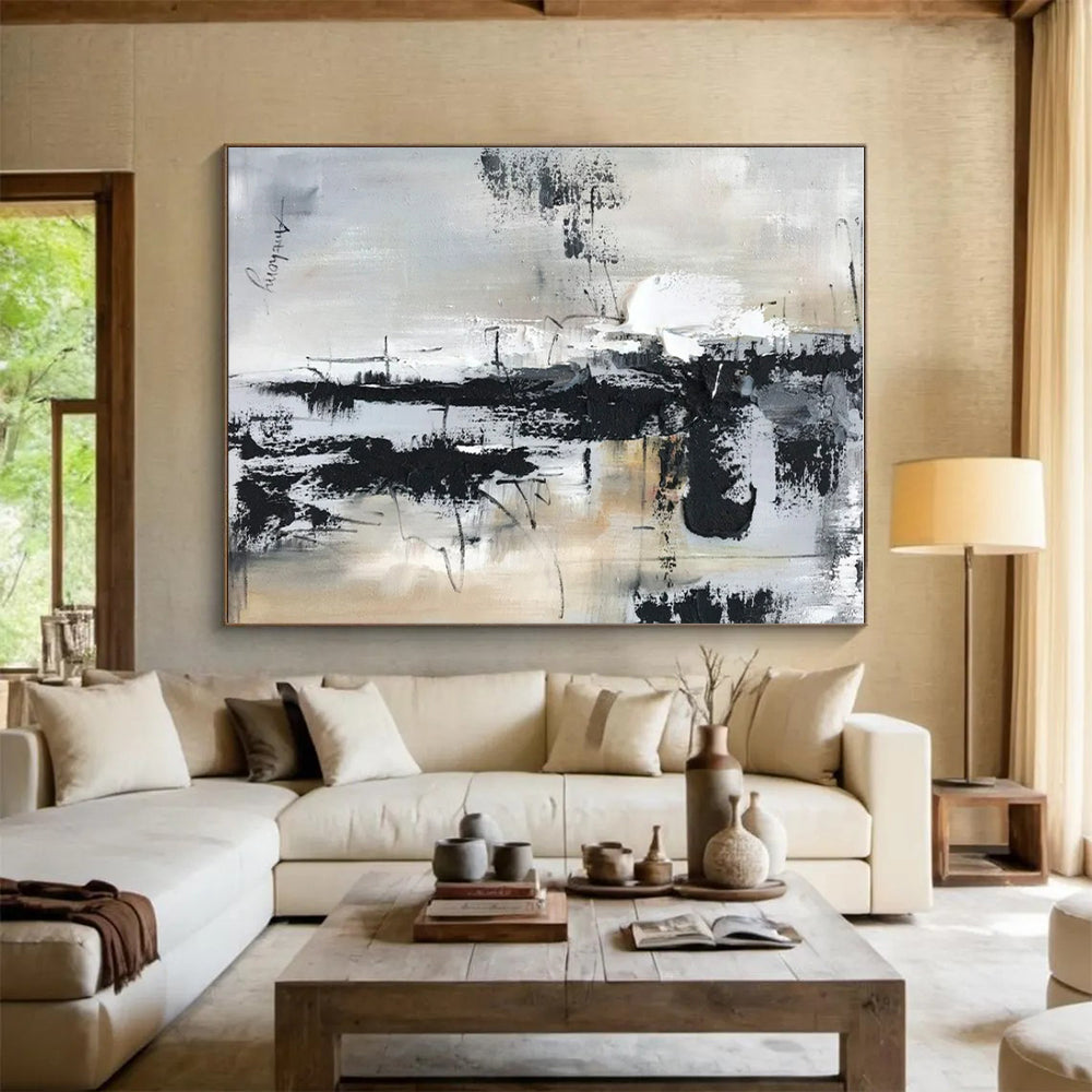 Large Contemporary Wall Art Black, White, and Neutral Textured Abstract HS587