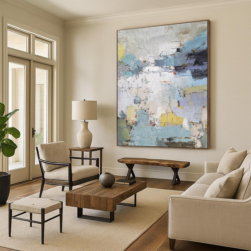 Hand-Painted Blue, Yellow & Gray Textured Abstract, Modern Art Acrylic HS256