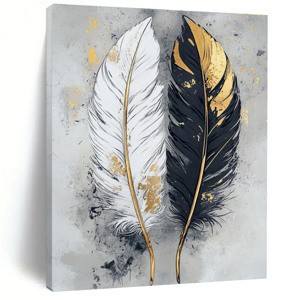 Black, White, and Gold Abstract Feather Painting For Sale WS499