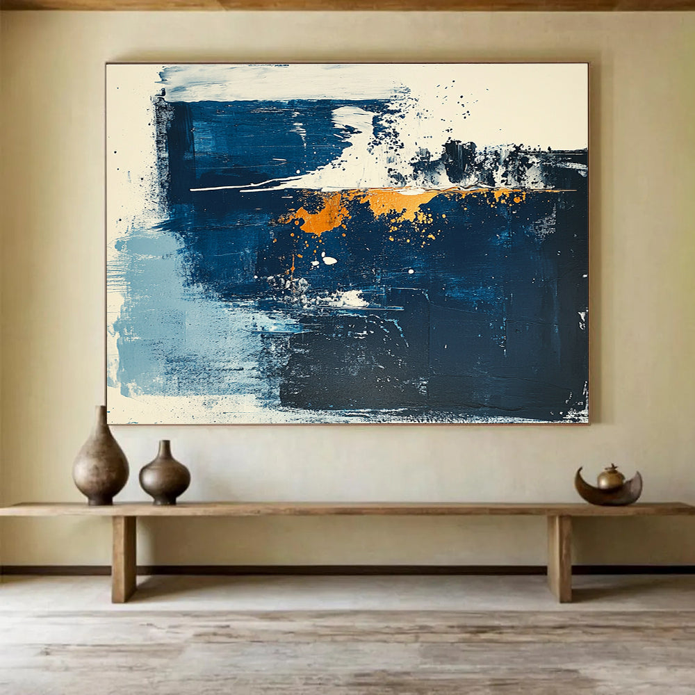 Contemporary Abstract Art with Blue, Gold and White Colors, Abstract Sea Splash Theme WB325