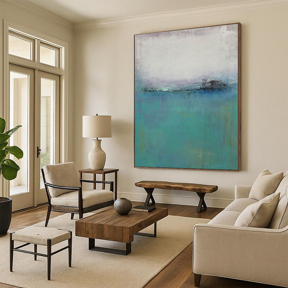 Turquoise, Gray, and White Misty Abstract Seaside Painting For Sale Online WS476
