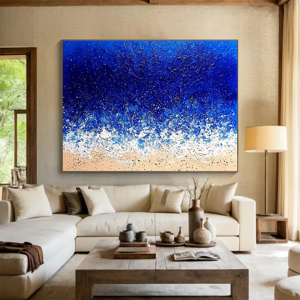 Extra Large Size Blue, White, and Beige Textured Abstract Seashore - Acrylic Painting WB285