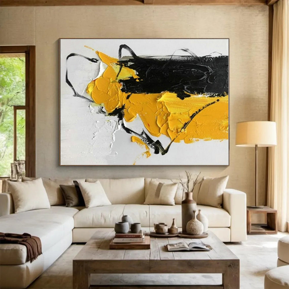 Hand-Painted Acrylic Modern Art Painting with Black, Yellow, White Textured Brushstrokes - Cool Abstract Paintings HS521