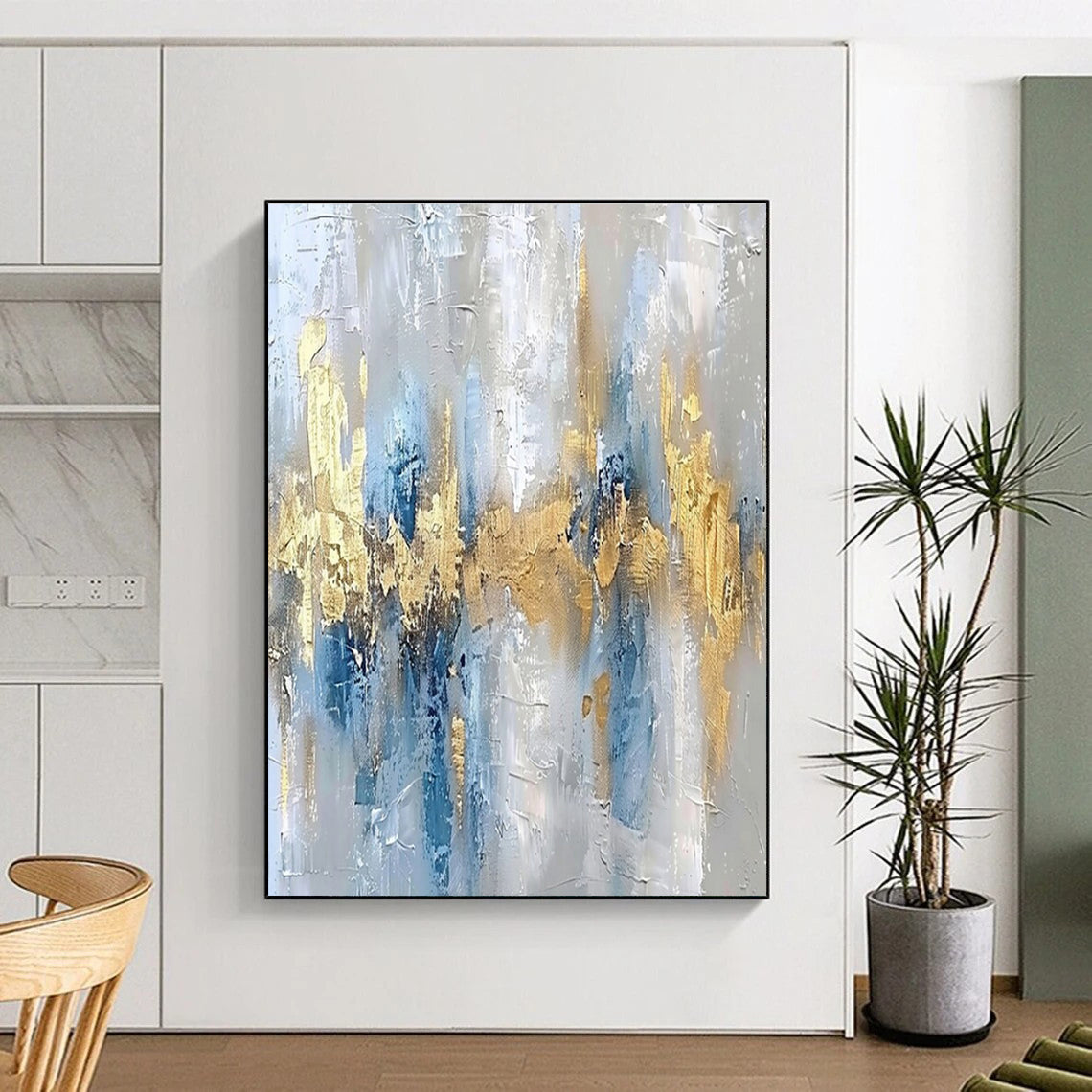 Large Painting In Living Room Blue, Gold, and Gray Textured Abstract Art HS655