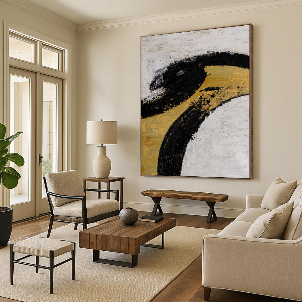 Gaint Canvas Art Black, Gold & White Gestural Abstract, Oversized Abstract Wall Art HS285