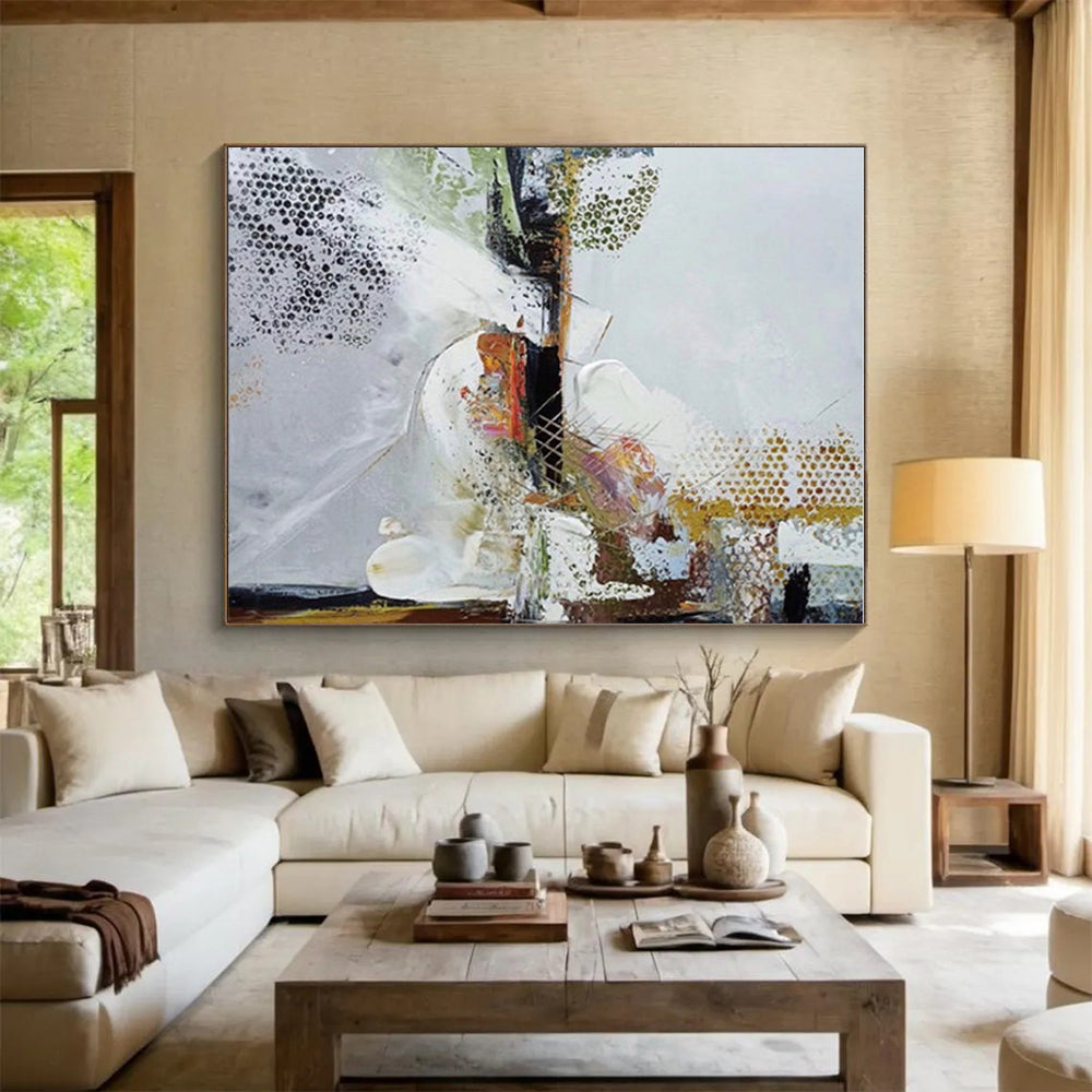 Hand-Painted White, Gold & Multicolor Textured Abstract, Large Painting In Living Room HS218