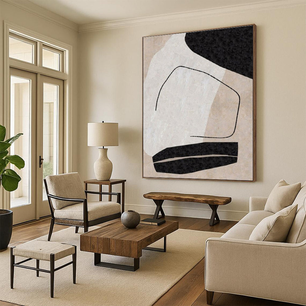Unique Abstract Art Black, Beige, and White Organic Abstract Art HS700