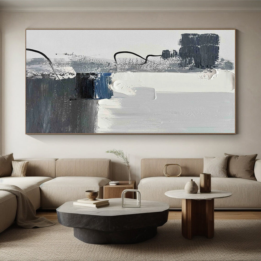 Minimalist Canvas Art with Gray, White, Black and Blue Colors, Abstract Geometric Theme HS465