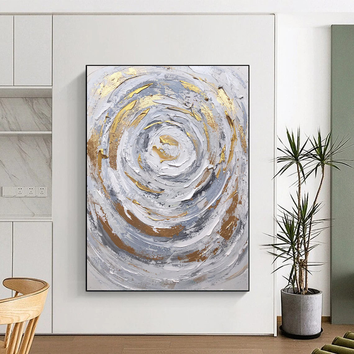 Hand-Painted Gray, White, and Gold Abstract Swirl Painting For Sale HS058