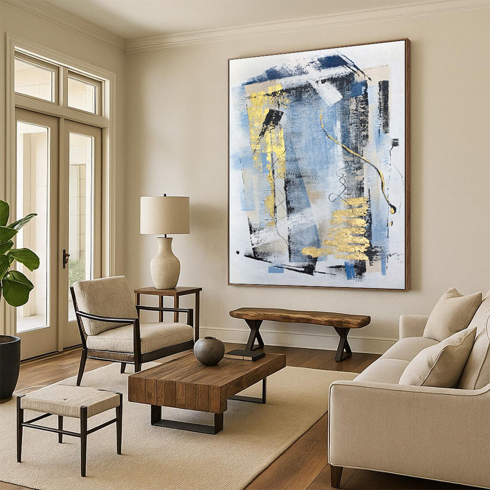 Modern Art Acrylic Blue, Gray & Gold Abstract Geometric Art HS399