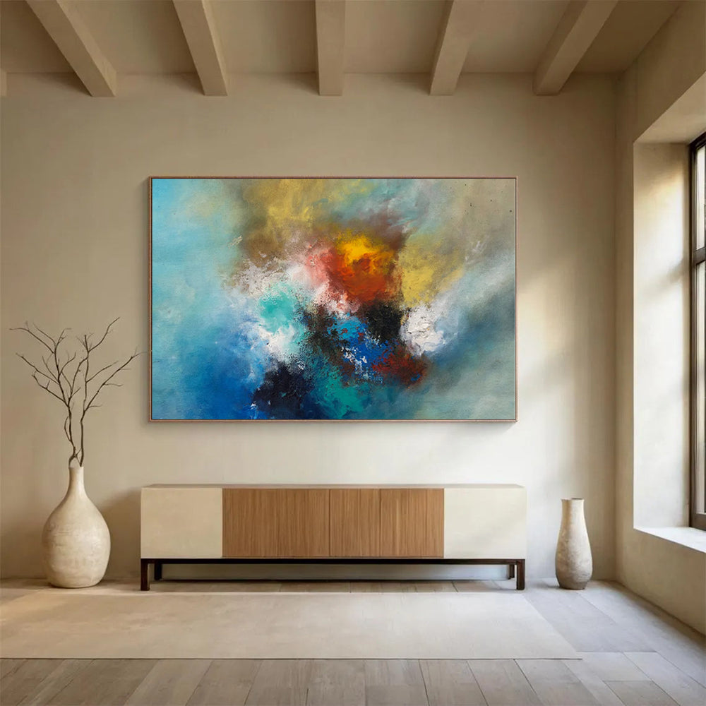 Blue, Yellow, Red, Teal Abstract Energetic Blend Painting, Abstract Acrylic Art WB002