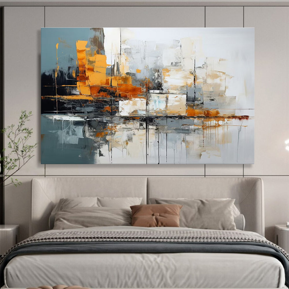 Oversized Canvas Art Gray, Orange, and White Abstract Cityscape, Abstract Acrylic Painting WB164