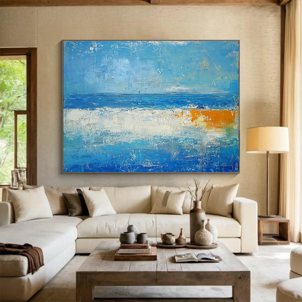 Big Size Blue, White, and Orange Abstract Seascape - Acrylic Painting WB286