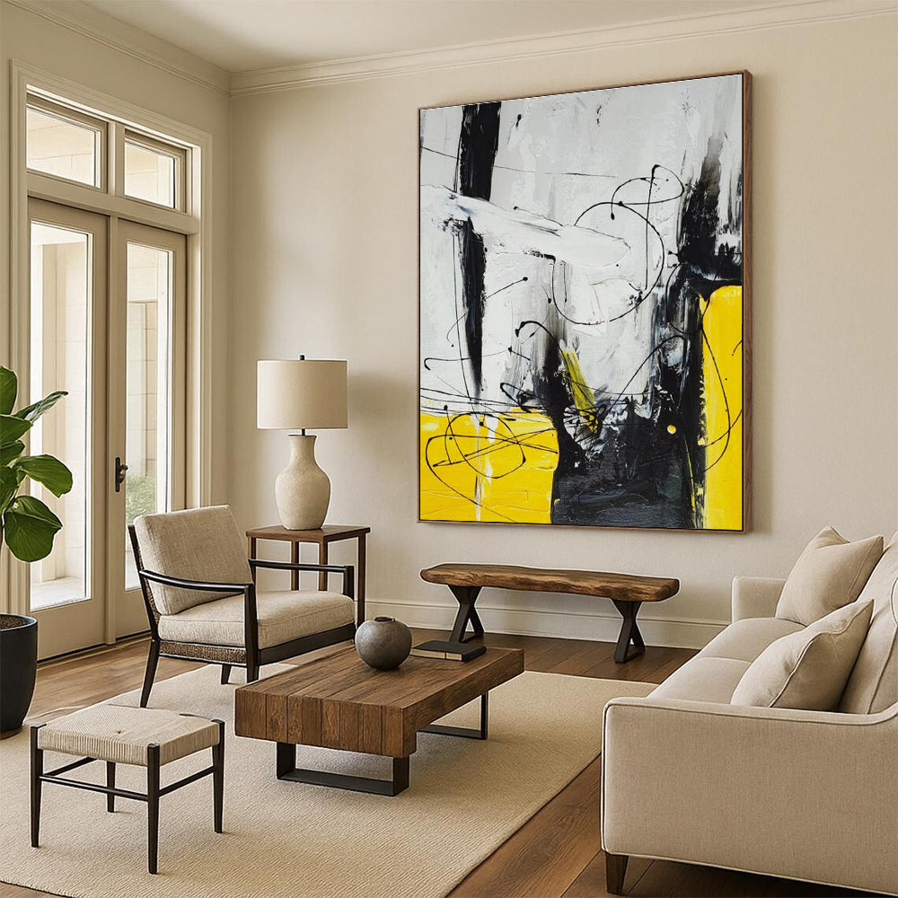Big Painting Yellow, Black & White Abstract Dynamic Line Art HS405