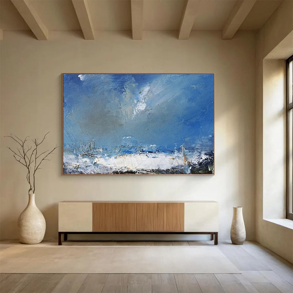 Huge Size Blue, White, and Multicolor Abstract Stormy Sea, Abstract Oil Painting WB186